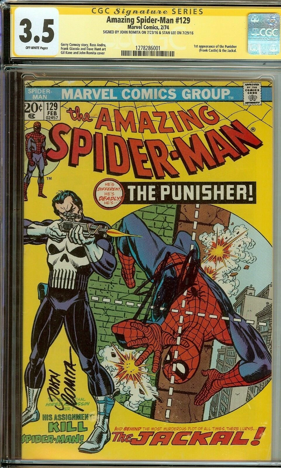 CGC Amazing Spider-Man #129 Signed Stan Lee John Romita 3.5 1st Punisher