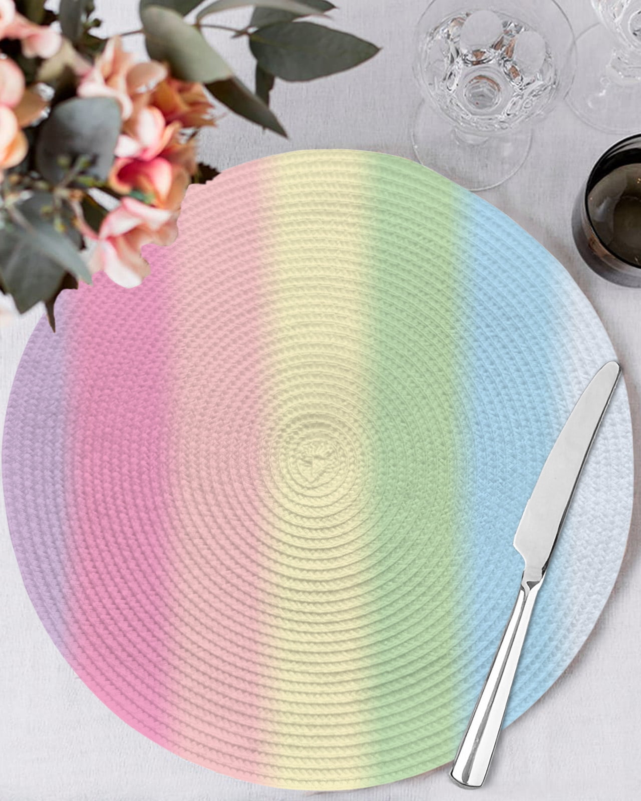 Rainbow Minimalnist Stripe Round Table Placemats set of 8, Candy Texture Washable Woven Place Mats for Dining Tables Kitchen Party Decor,Heat Proof, 13in,