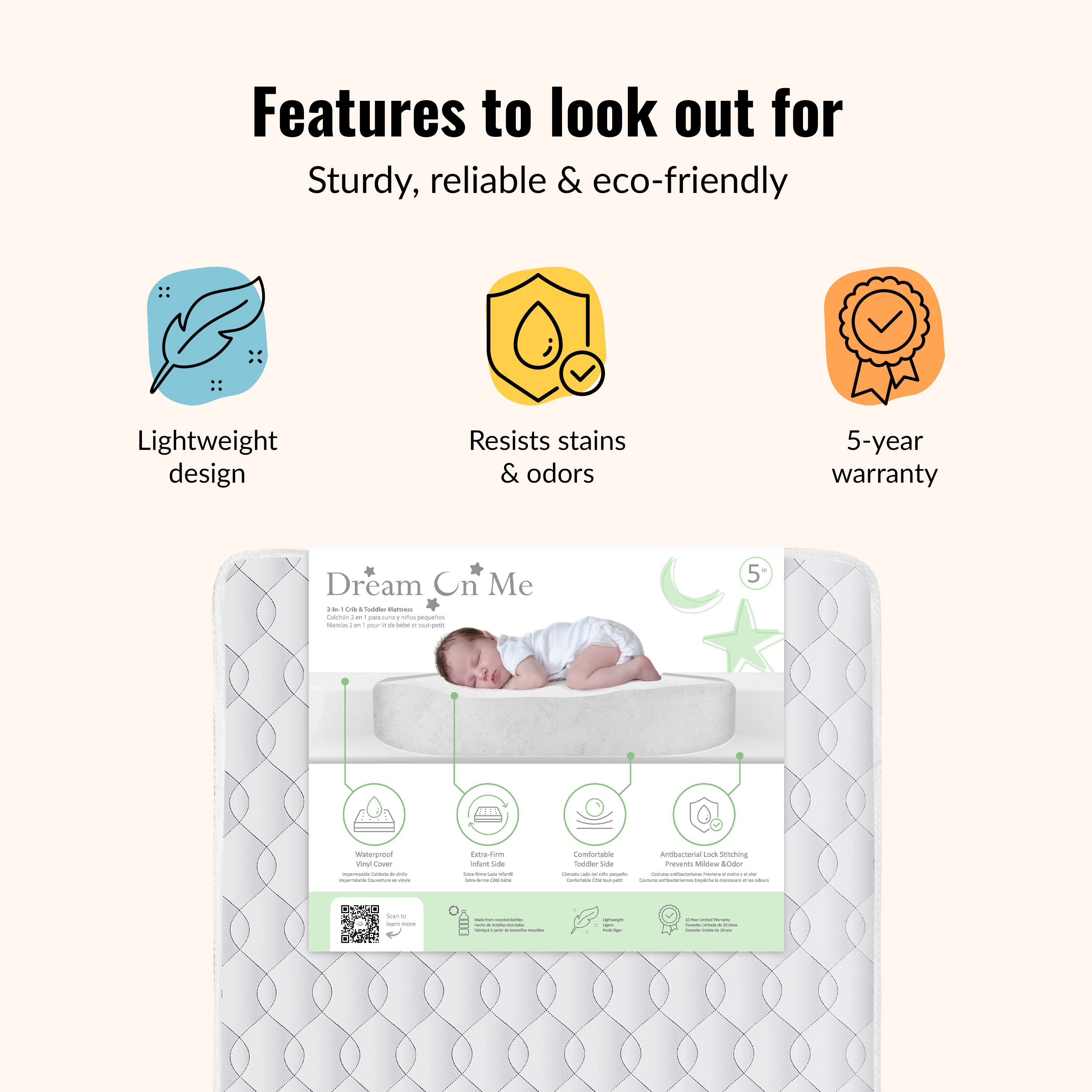 Dream On Me 2 in 1 Cozy Cloud Crib and Toddler Mattress, Taffeta