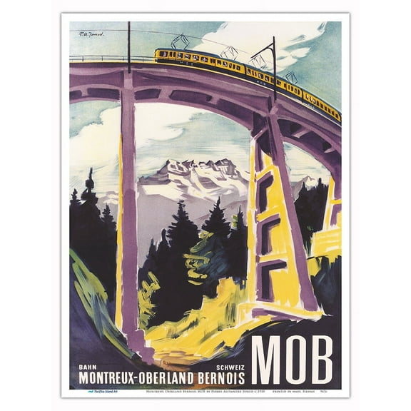 Switzerland (Schweiz) - Montreux Oberland Bernois MOB - Vintage Railroad Travel Poster by Pierre-Alexandre Junod c.1950 - Master Art Print (Unframed) 9in x 12in