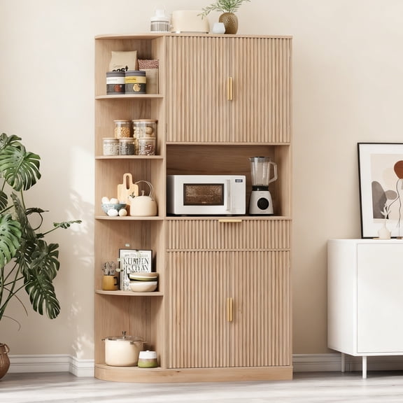 Vabches 71" Tall Fluted Kitchen Pantry Cabinet with Microwave Stand, Freestanding Kitchen Cupboard with 4 Doors, 5 Side Shelf, Hutch Cabinet for Dining Room, Natural