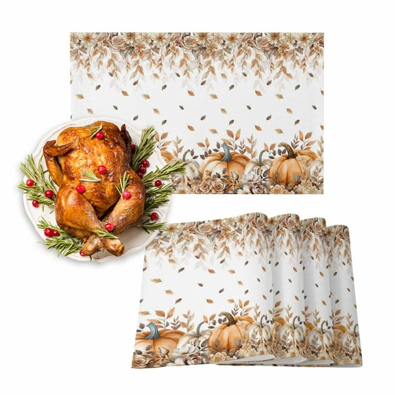 Fall Placemats Set of 4 Pumpkin Place Mats Thanksgiving Placemat Fallen Fallen Leaves Roses Flowers Table Mats for Dining Kitchen Table Holiday Dinner Party Home Fall Decorations 13x19 Inch