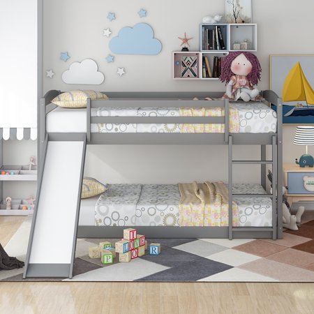 Yipa Teens Adults Heavy Duty Full-Length Guardrail Bunk Beds Frame Space-saving Bedroom Furniture Twin Over Full Wood Convertible Slide And Ladder Home Grey