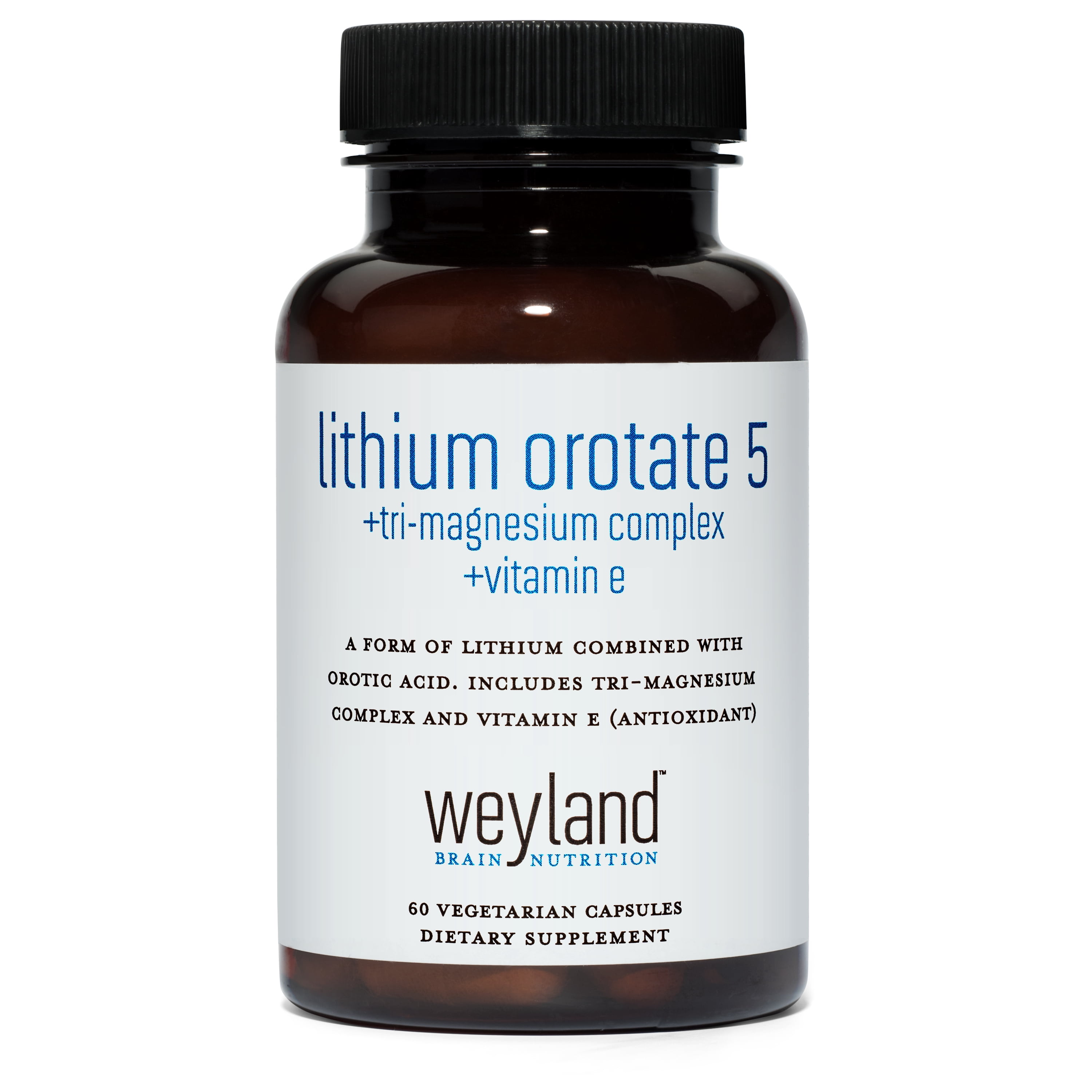 Weyland Brain Nutrition - Lithium Orotate 5mg + Magnesium + Vitamin E, 60 Vegetarian Capsules