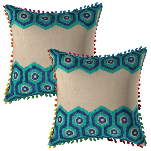 Stylo Culture Ethnic Couch Throw Pillow Covers 16x16 Towel Embroidered Bright Green Dark Blue Zippered 40cm x 40cm Pom Pom Lace Cotton Geometric Square Cushion Covers | Set Of 2