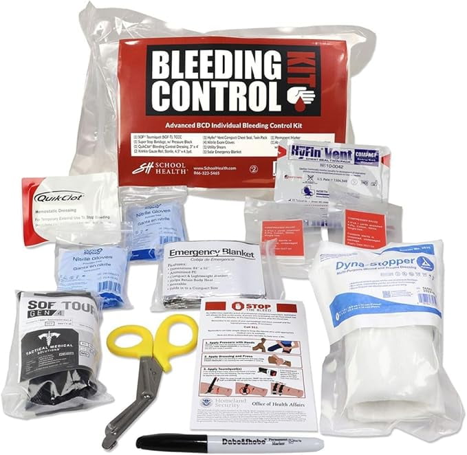 School Health - Advanced BCB Individual Bleeding Control Kit, Survival Kit for Emergency Trauma, Major Wound Care and Bleeding - Vacuum Sealed
