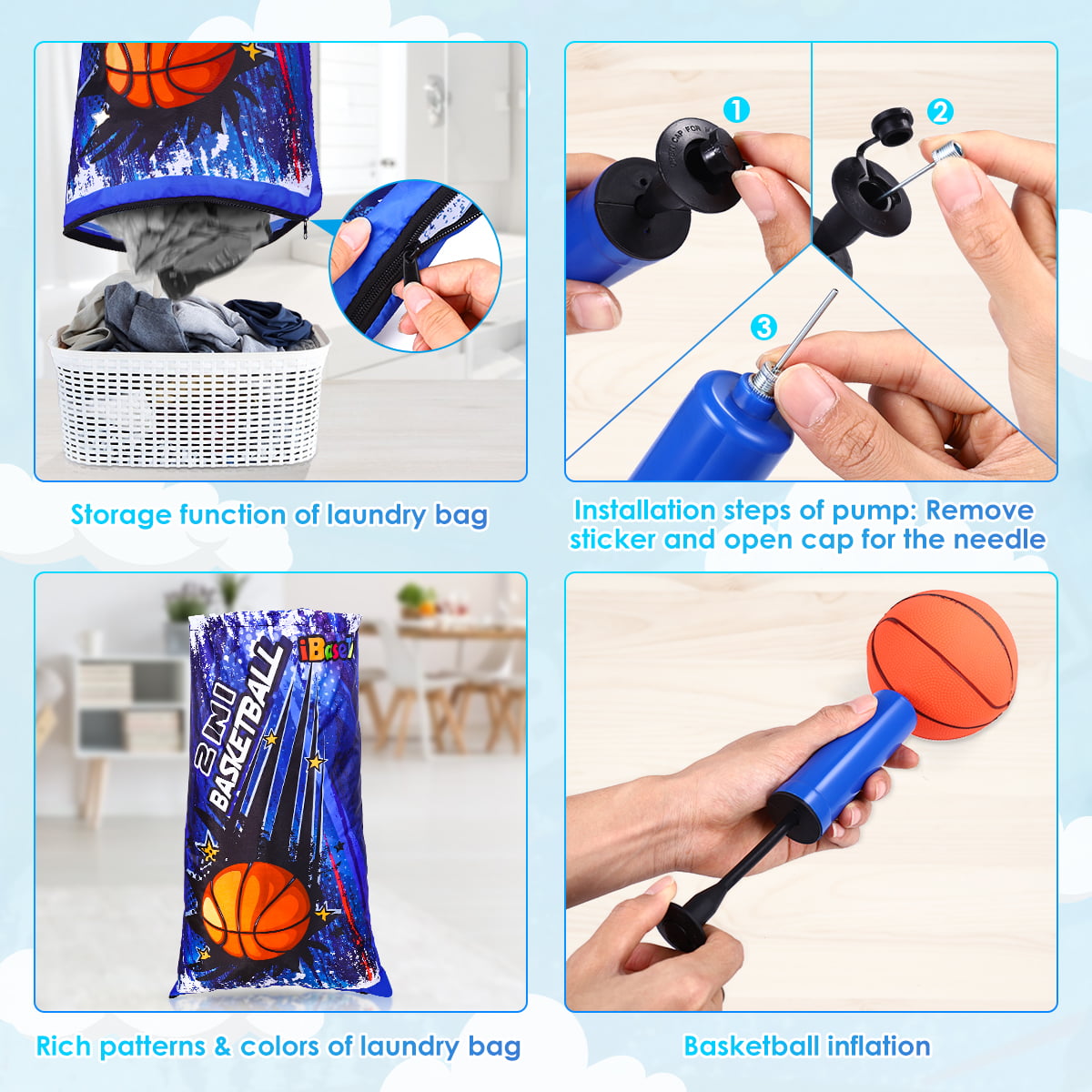 iBaseToy Indoor Basketball Game Children’s Door Hoop Ball Set with Laundry Bag 