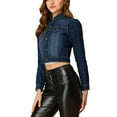 thumbnail image 4 of INSPIRE CHIC Women's Classic Casual Puff Sleeve Button Down Cropp Denim Jacket S Blue Black, 4 of 7