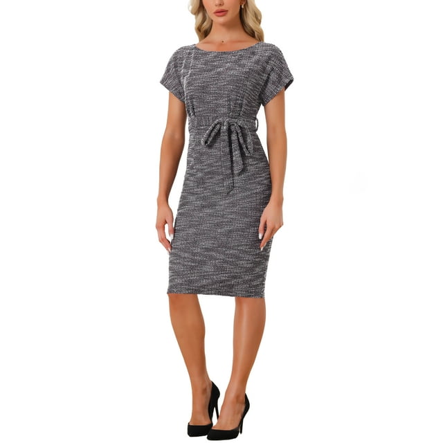 Unique Bargains Robe en Tweed pour Femmes Col Rond Manches Tombantes Longueur Genou Robe Rose m