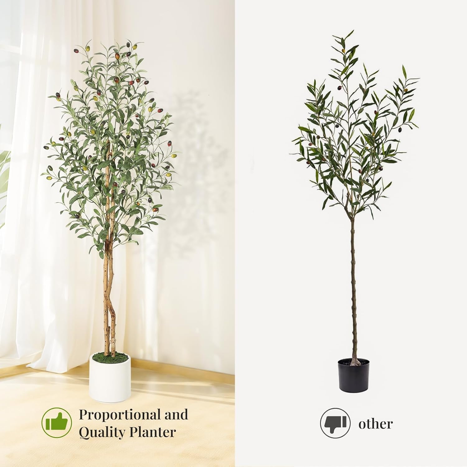 Olive Trees Artificial Indoor, 7FT Tall Faux Silk Plant White Planter, Fake Olive Trees with Natural Wood Trunk and Green Fake Moss for Home Office Decor