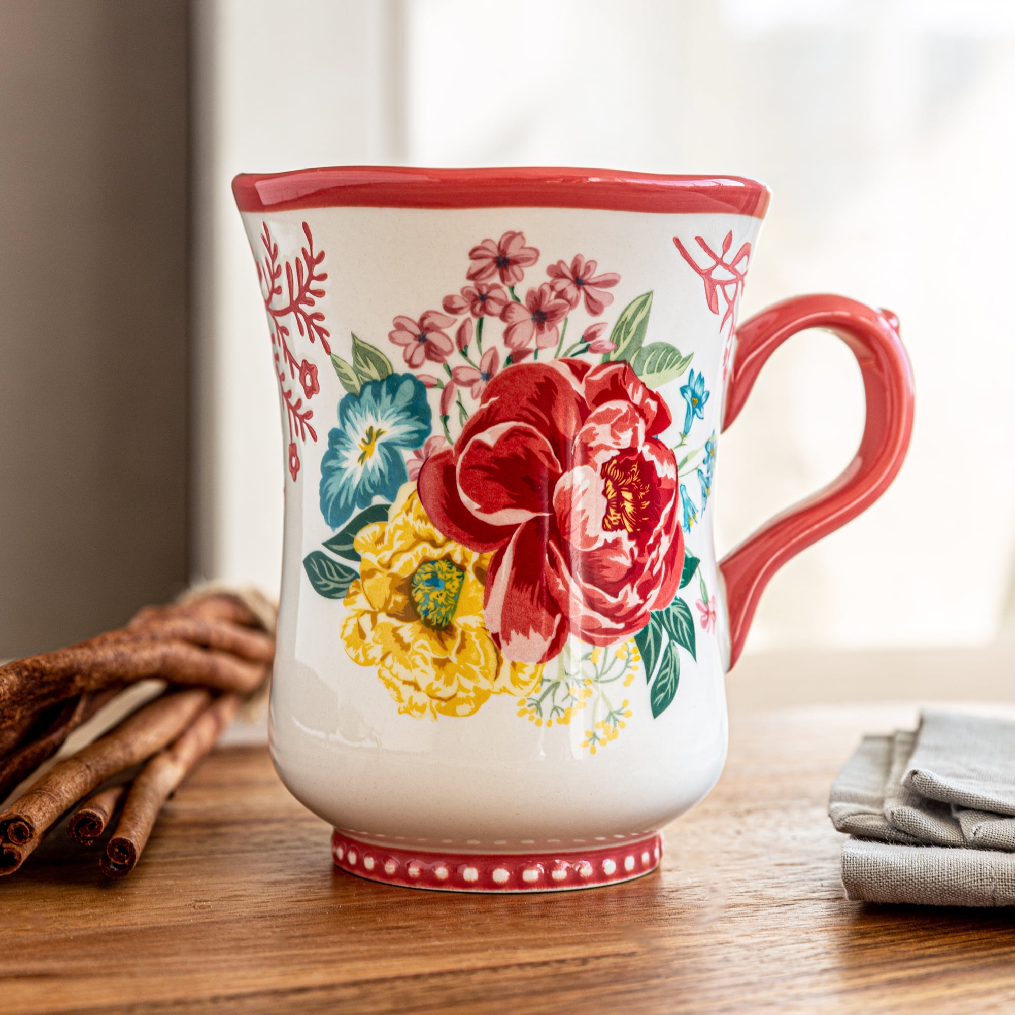 (2 pack) The Pioneer Woman Fancy Flourish 18 Fluid Ounce Stoneware Mug, Pink