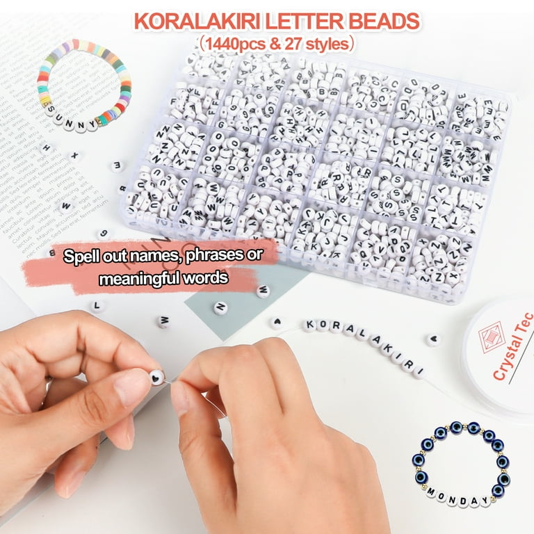 Koralakiri 1440Pcs Alphabet Beads Kit, Acrylic Letter Beads Bulk, 4x7mm  Round Letter Beads for Crafting Bracelets Necklaces Jewelry