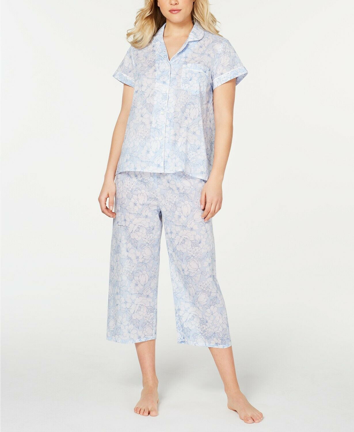 Miss Elaine Cotton Notch Collar Top and Cropped Pants Pajama Set, Blue ...