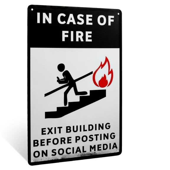 In Case of Fire Wait to Post on Social Media Funny Metal Exit Sign Joke Emergency Notice Door Wall Decor