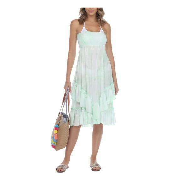 RAVIYA Women's Green Acid Wash Stretch Ruffled Tiered Sheer Smocked Convertible Swimsuit Cover Up M