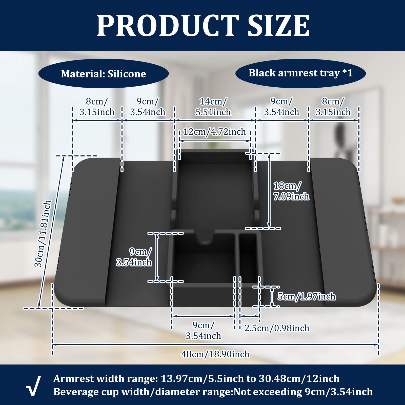 NUAHRHY Couch Cup Holder, Couch Arm Tray, Silicone Sofa Armrest Tray with Dual-Side Pocket, Anti-Spill Chair Recliner Organizer for Cellphone Remote Control Snacks iPad