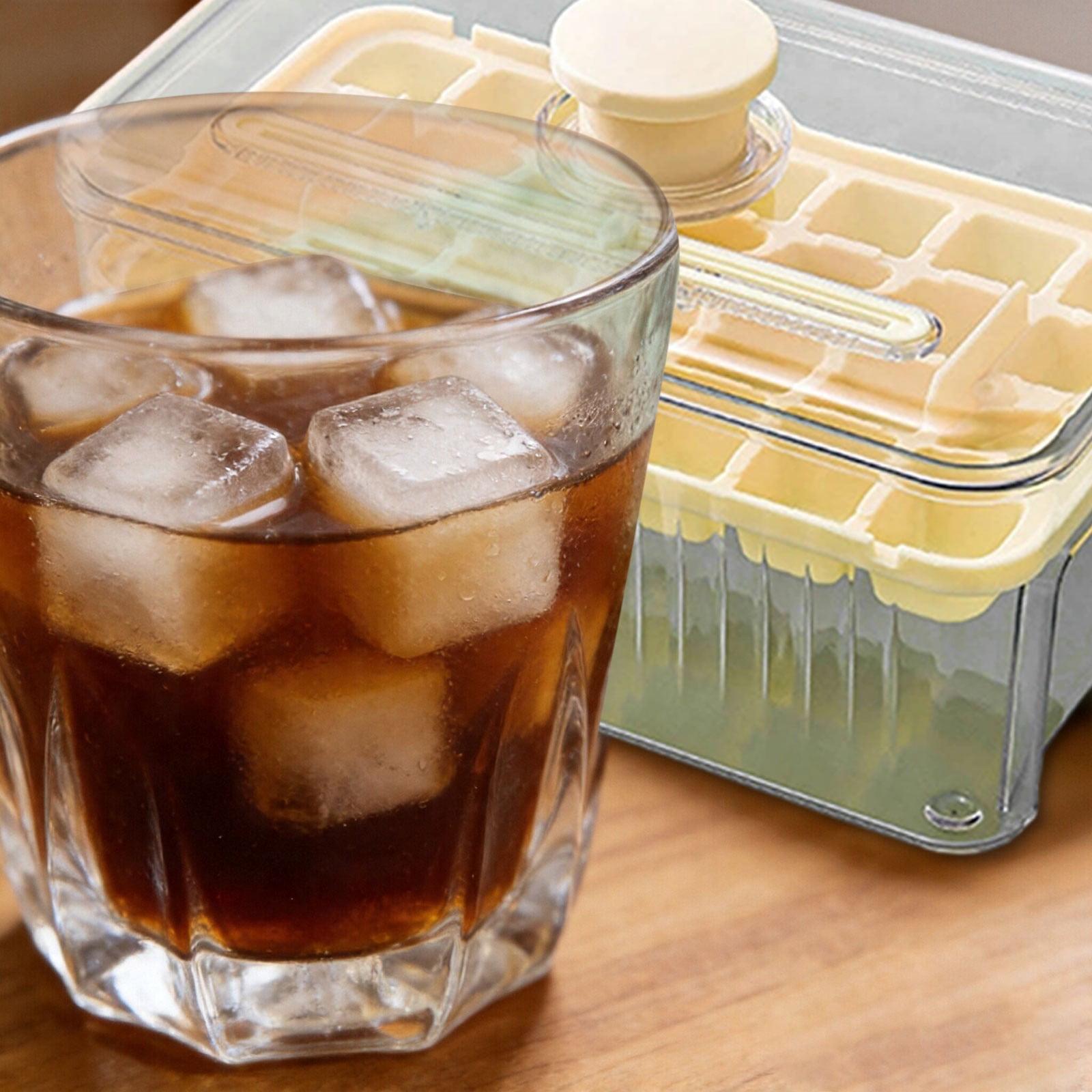 Yellow 2-Tier Press-Type Ice Cube Tray with Lid and Large Bin 56-Grids High-Capacity Ice Maker Mold Set with Scoop for Home Parties