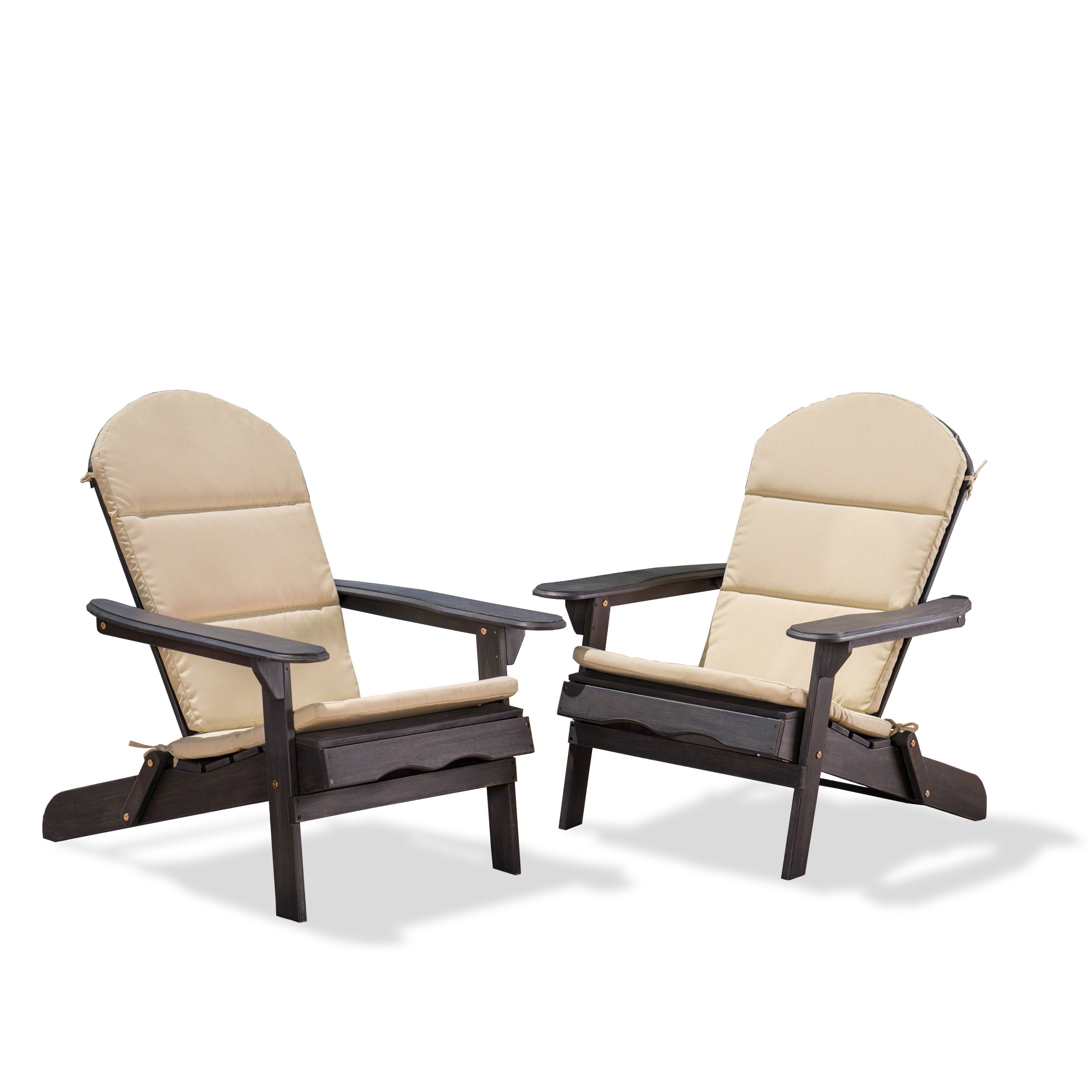 Ariel Outdoor Acacia Wood Folding Adirondack Chairs with Cushions (Set of 2), Dark Gray and Khaki