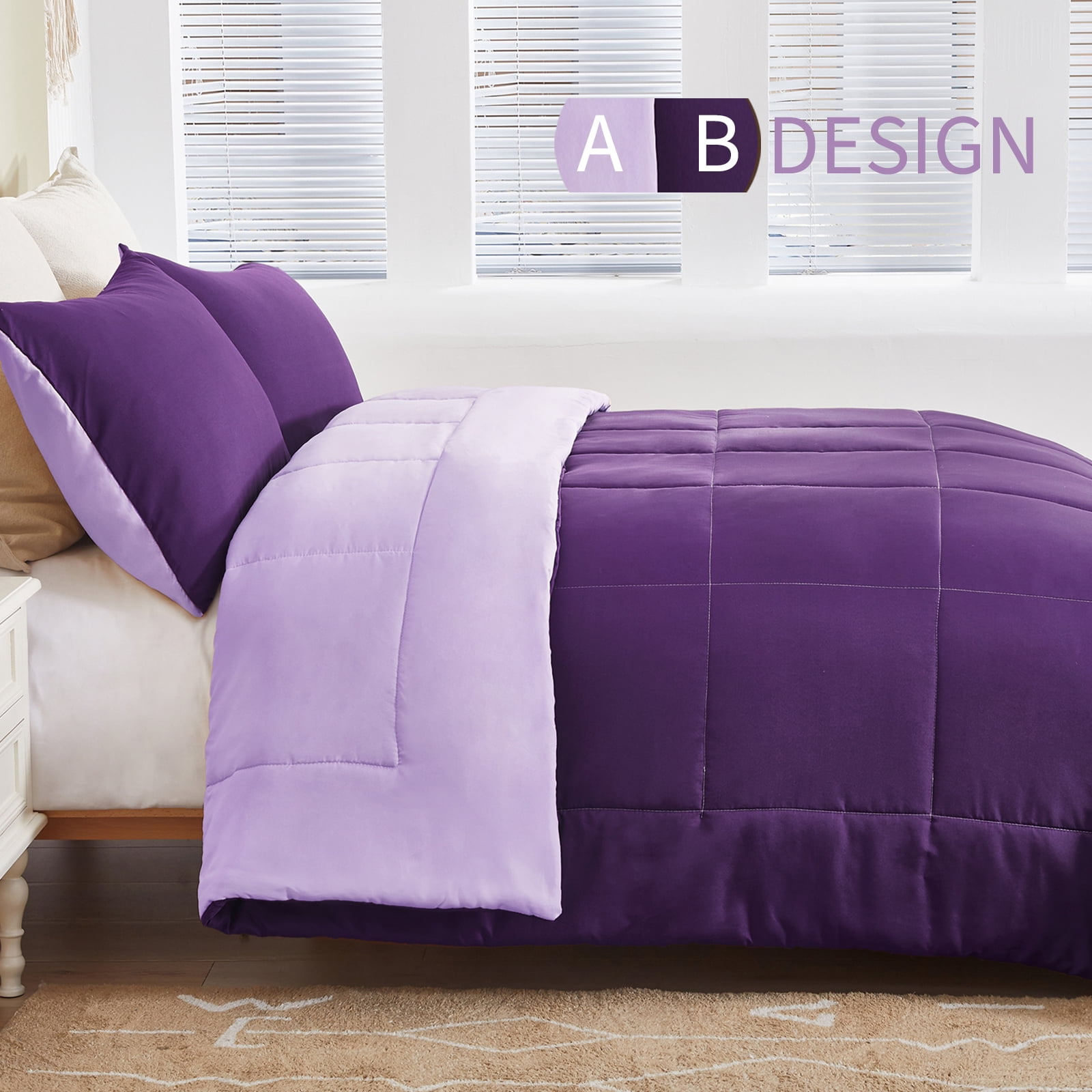 Exclusivo Mezcla Lightweight Reversible 3-Piece Comforter Set All Seasons, Down Alternative Comforter with 2 Pillow Shams, Queen Size, Deep Purple/ Lilac