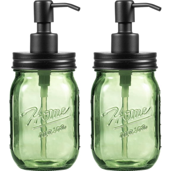 16OZ Green Glass Mason Jar Liquid Soap Dispenser, Metal Pump Lid, Regular Mouth Refillable Countertop Dispenser For Bathroom Kitchen, Hand Soap/Dish Soap/Lotion Soap/Shampoo, Black 2Pack