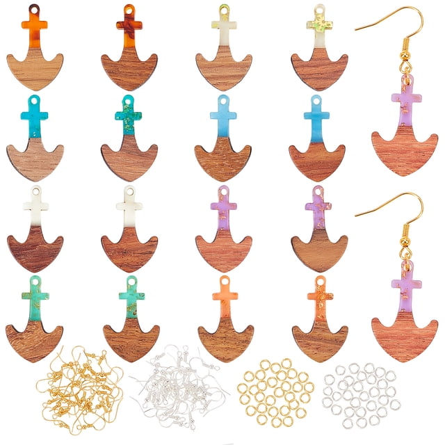 DIY Wooden Dangle Earring Making Kits Including Anchor Resin & Walnut Wood Pendants Brass Earring Hooks & Jump Rings Mixed Color 96pcs/box
