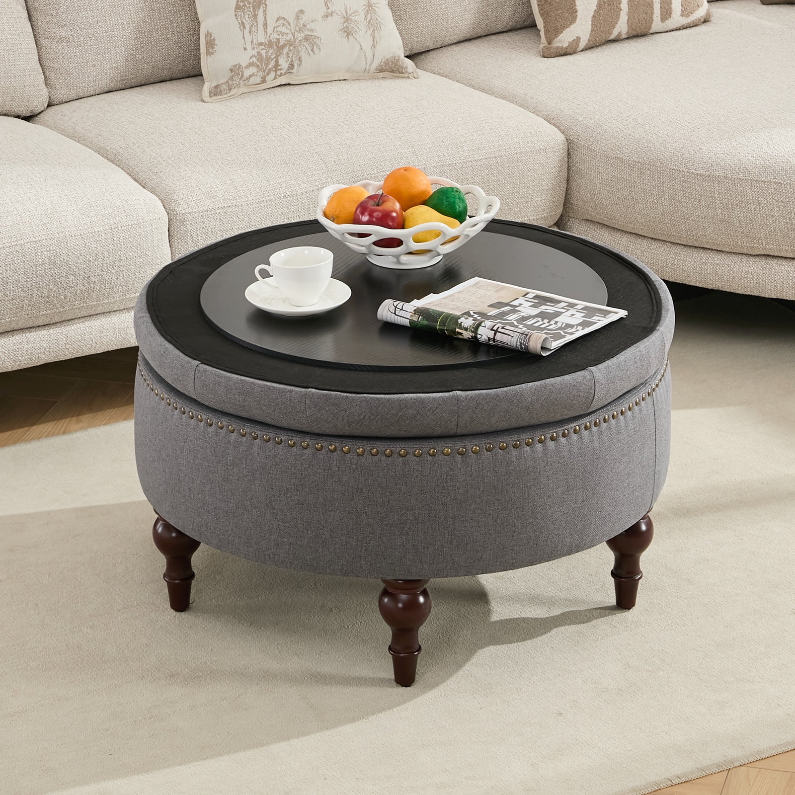 JURANYAZHU 31.5 Inch Oversized Storage Ottoman, Upholstered Storage Seat, with Reversible Lid, Multifunctional As a Coffee Table, Linen Fabric, for Living room,Bedroom,Dark Gray