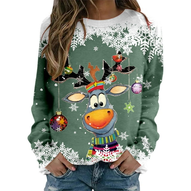 WEAIXIMIUNG Chandail en Molleton pour Femmes avec Fermeture Éclair Chandails de Noël pour Femmes Mode Adolescentes Manches Longues Col Rond Chandail en Molleton Mignon Renne Graphique Xmas (1)
