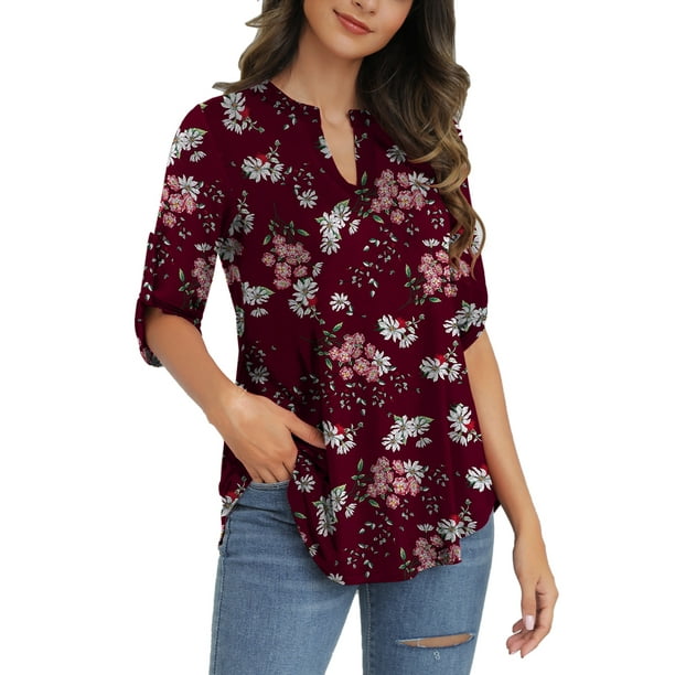 a.Jesdani Womens Plus Size Tunic Tops 3/4 Sleeve Casual Floral Henley