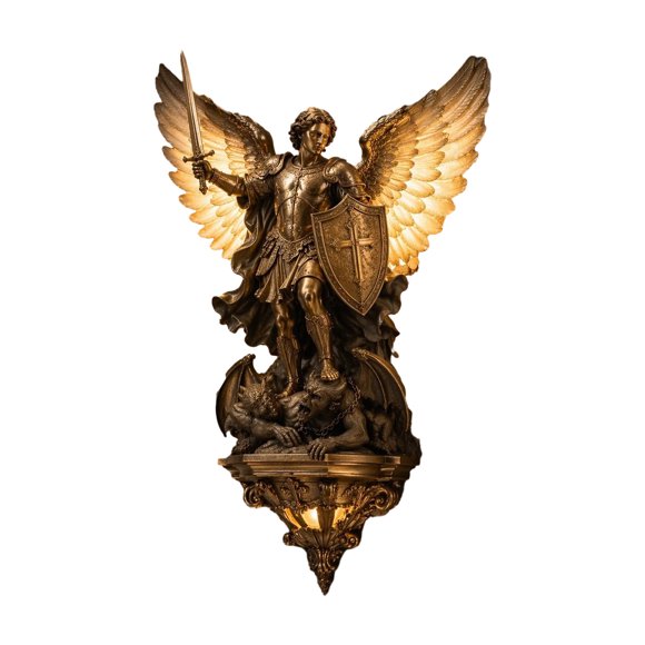 Archangel Michael Wall Lamp Vintage Resin LED Wall Sconce Medieval Gothic Guardian Angel Decorative Wall Art for Bedroom Living Room Hallway