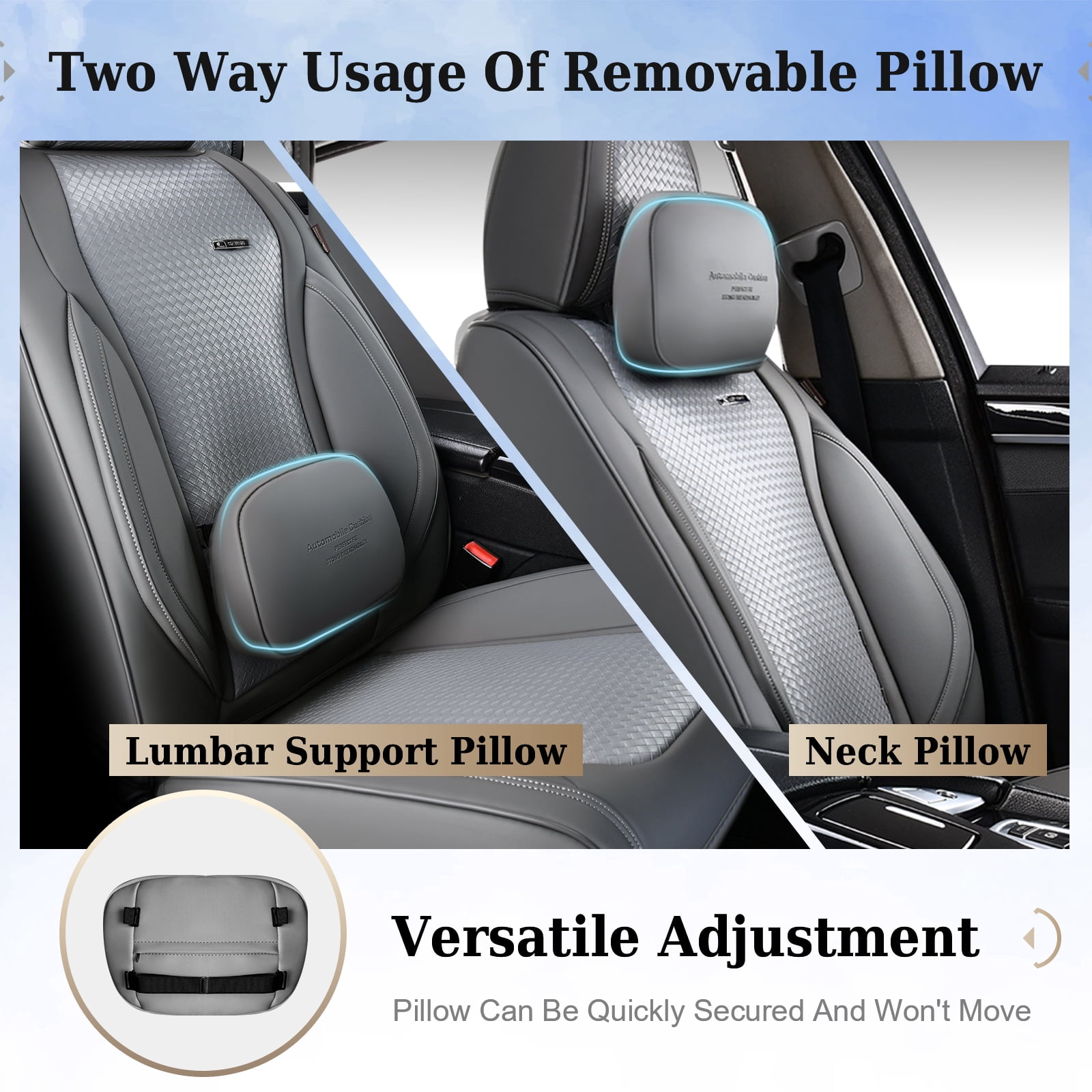 Coverado Waterproof Seat Covers For Cars, High-grade Leather Front Seat Protectors with Lumbar Support, Auto Cushions Universal Fit for Most Cars SUV Trucks, Gray