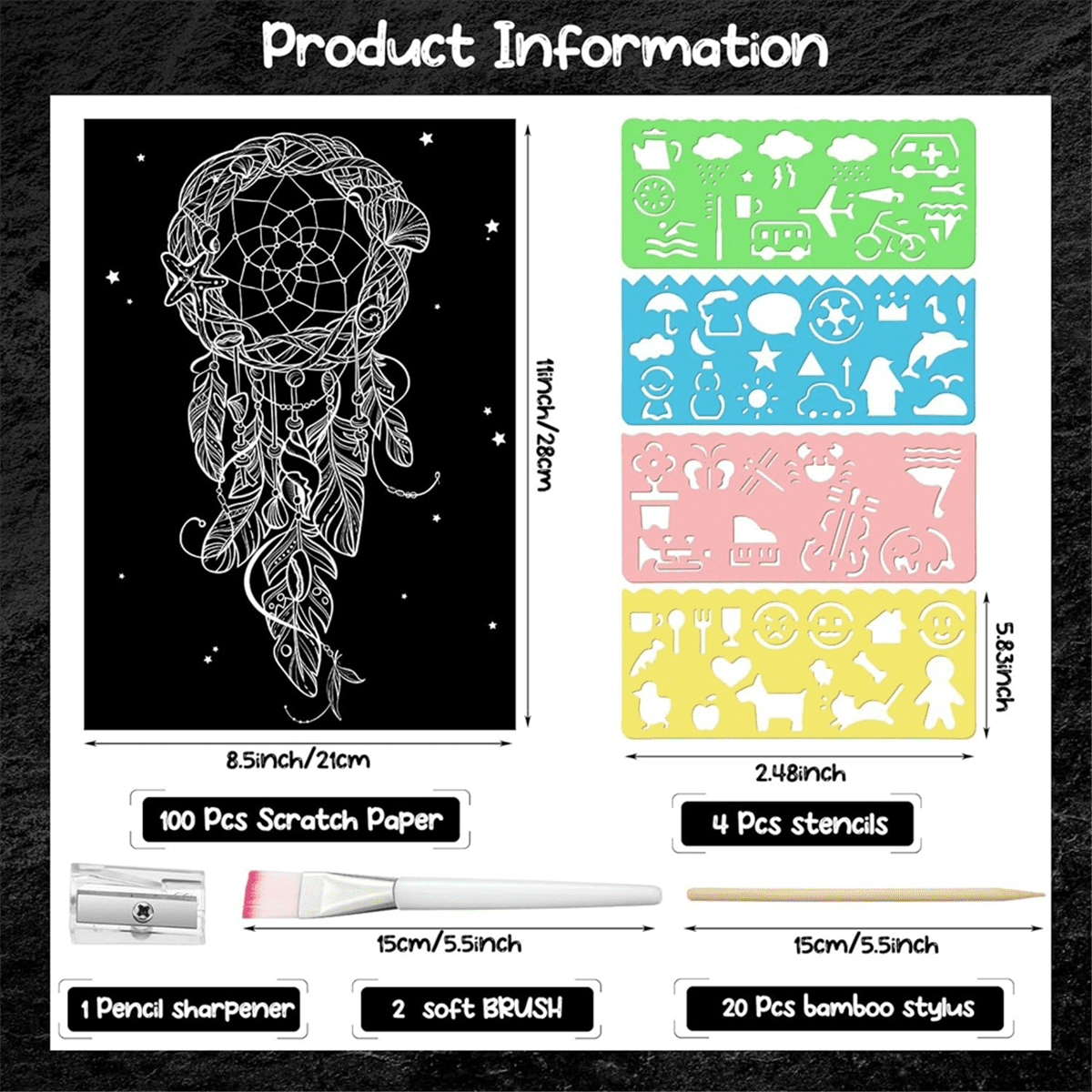 127 Pcs Scratch Paper Art Set Wooden Styluses and Stencils for DIY Birthday Gift Supplies (8.5 X 11 Inch)