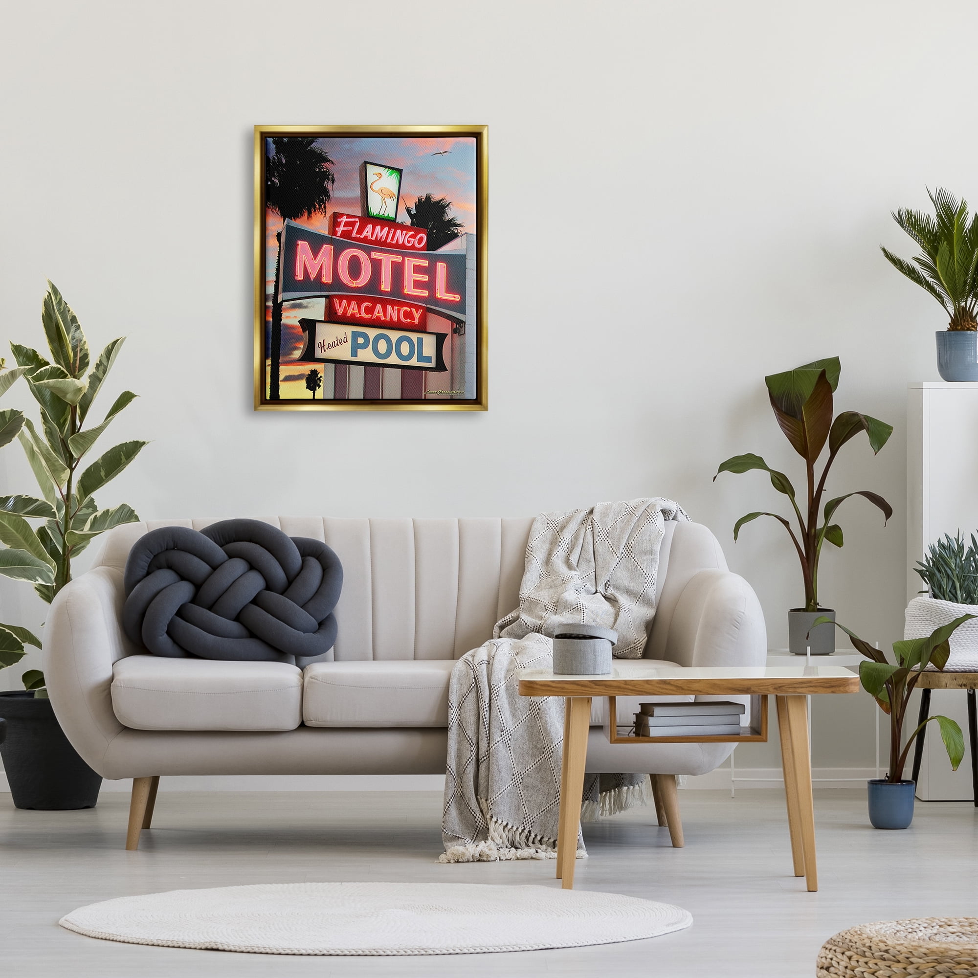 Stupell Industries Tropical Flamingo Motel Nature Painting Gold Floater Framed Canvas Art Print Wall Art, 25 x 31