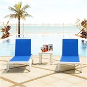 Domi Patio Chaise Lounge Chair Set of 3,Outdoor Aluminum Polypropylene Sunbathing Chair with Adjustable Backrest,Side Table,for Beach,Yard,Balcony,Poolside(2 Blue Chairs W/Table)