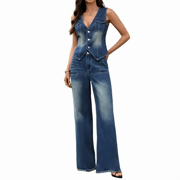 2 Piece Outfits Denim Set for Women's Sleeveless Button V Neck Denim Vest Waistcoat Wide Leg Jeans Blue M