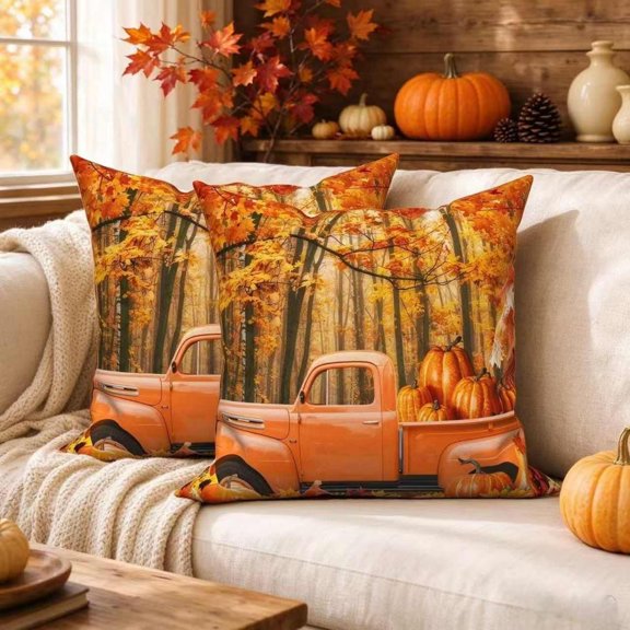 DaShan Fall Maple Leaves Throw Pillow Covers 18x18 Set of 2, Thanksgiving Pumpkin Linen Pillows Case for Bedroom Sofa Couch