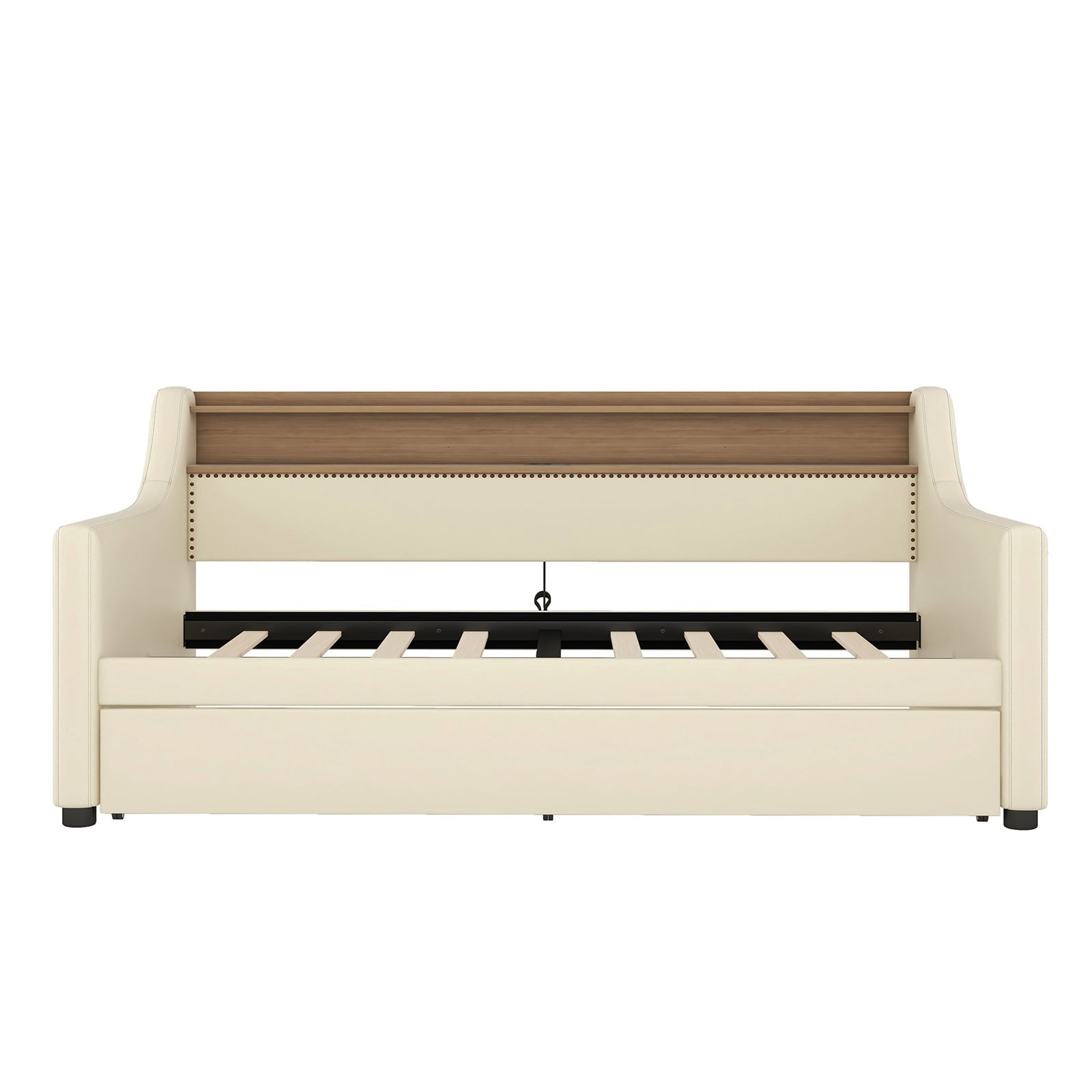 Hommoo Wooden Twin Size Daybed with Trundle, Modern Upholstered Linen Fabric Daybed with Charging Station and LED Lights, Beige