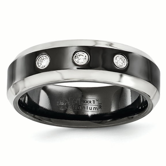 Edward Mirell Black Ti with Beveled Titanium Edge 1/10 carat Diamond with Sterling Silver Bezel 7mm Band EMR217