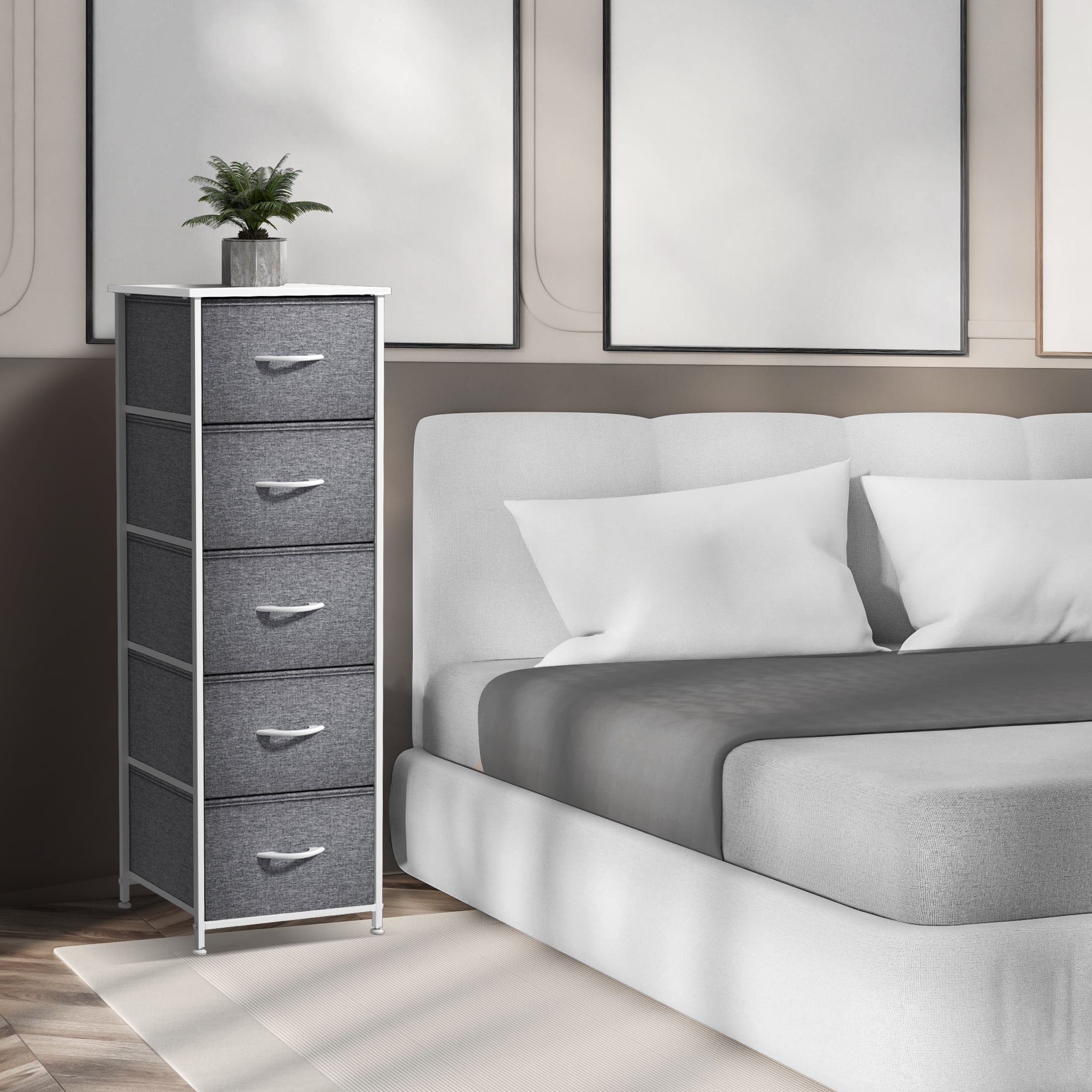 Sorbus Narrow 5-Drawer Dresser Nightstand, White/Gray, Steel Frame, Wood Top