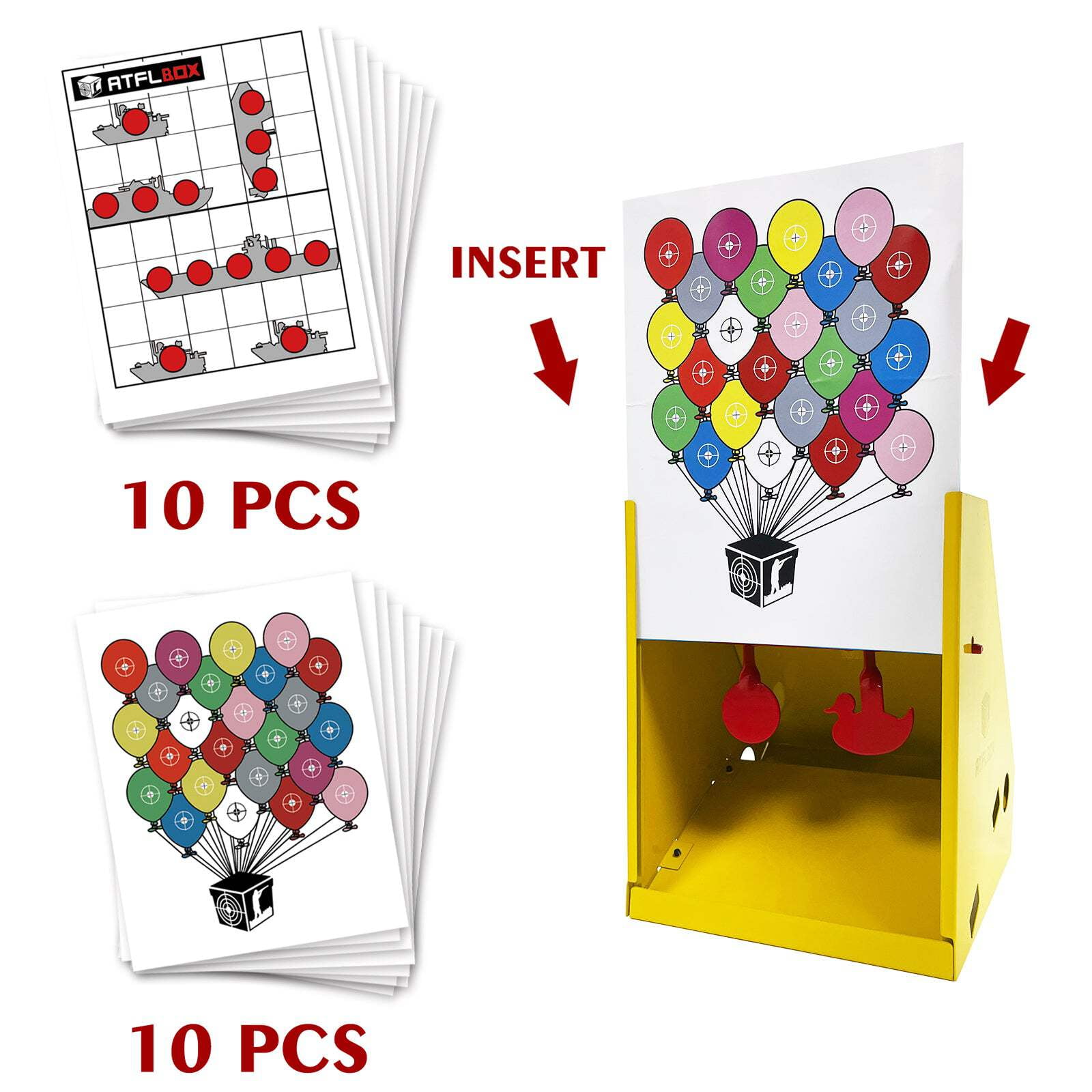 ATFLBOX BB Trap Target with 20pcs 7'' X 9'' Paper Targets and 2 Metal Silhouettes Spinner Shooting Targets for Airsoft, Rifle, Pellet Gun, Airgun