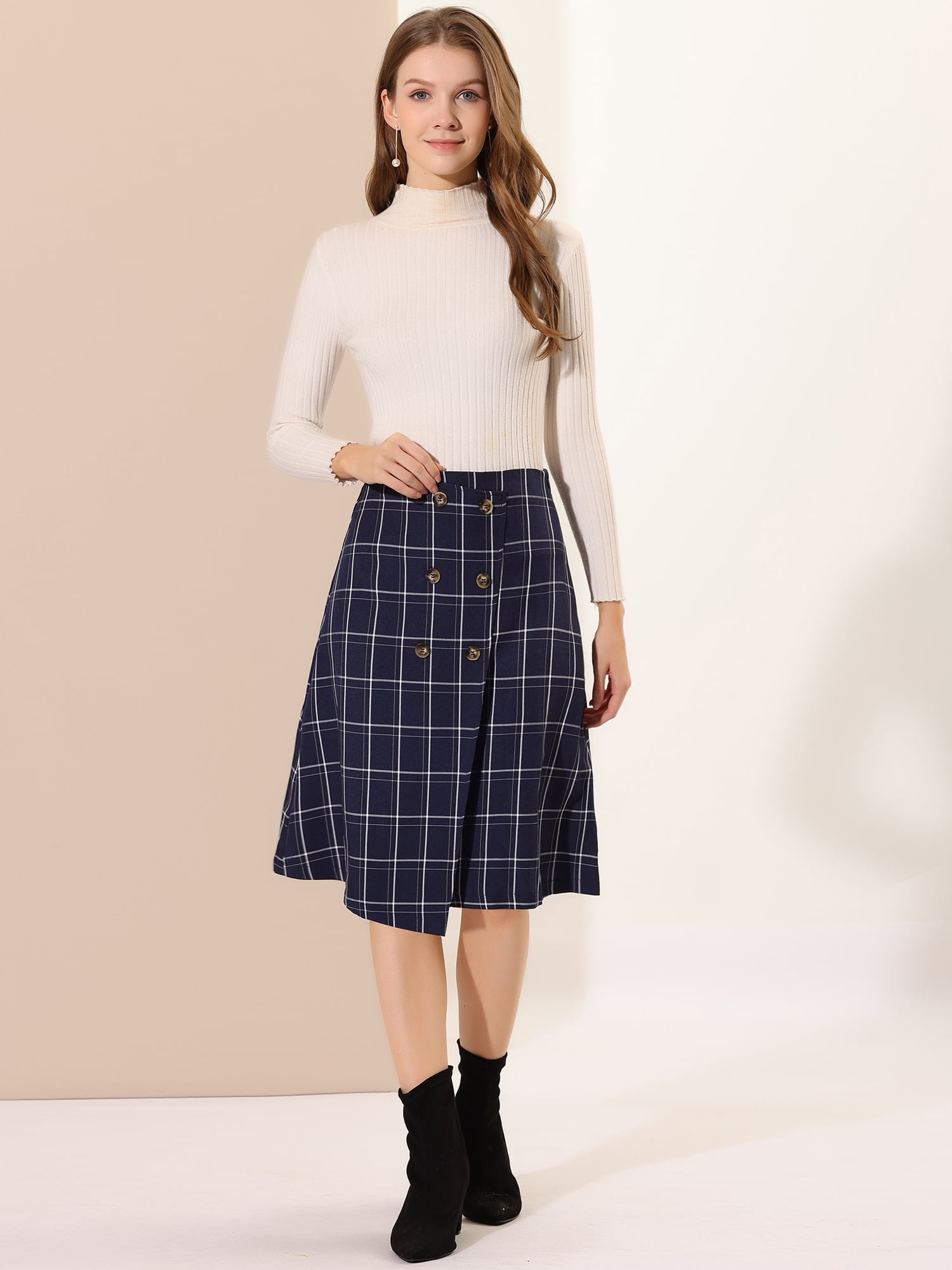 Unique Bargains Women's Plaid Vintage Wrap Button Front Knee Length High Waist Skirt XL Blue