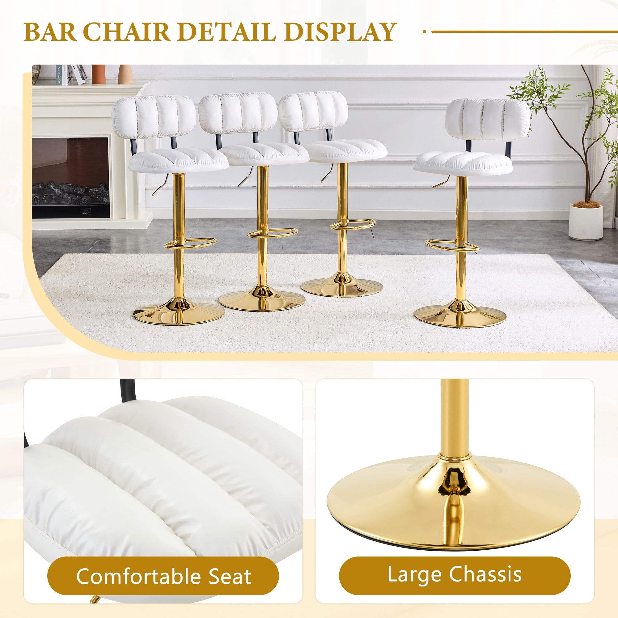 Alvantor Adjustable Bar Stools Set of 2 Leather Swivel Bar Stools Counter Height Bar Chairs for Kitchen Island White
