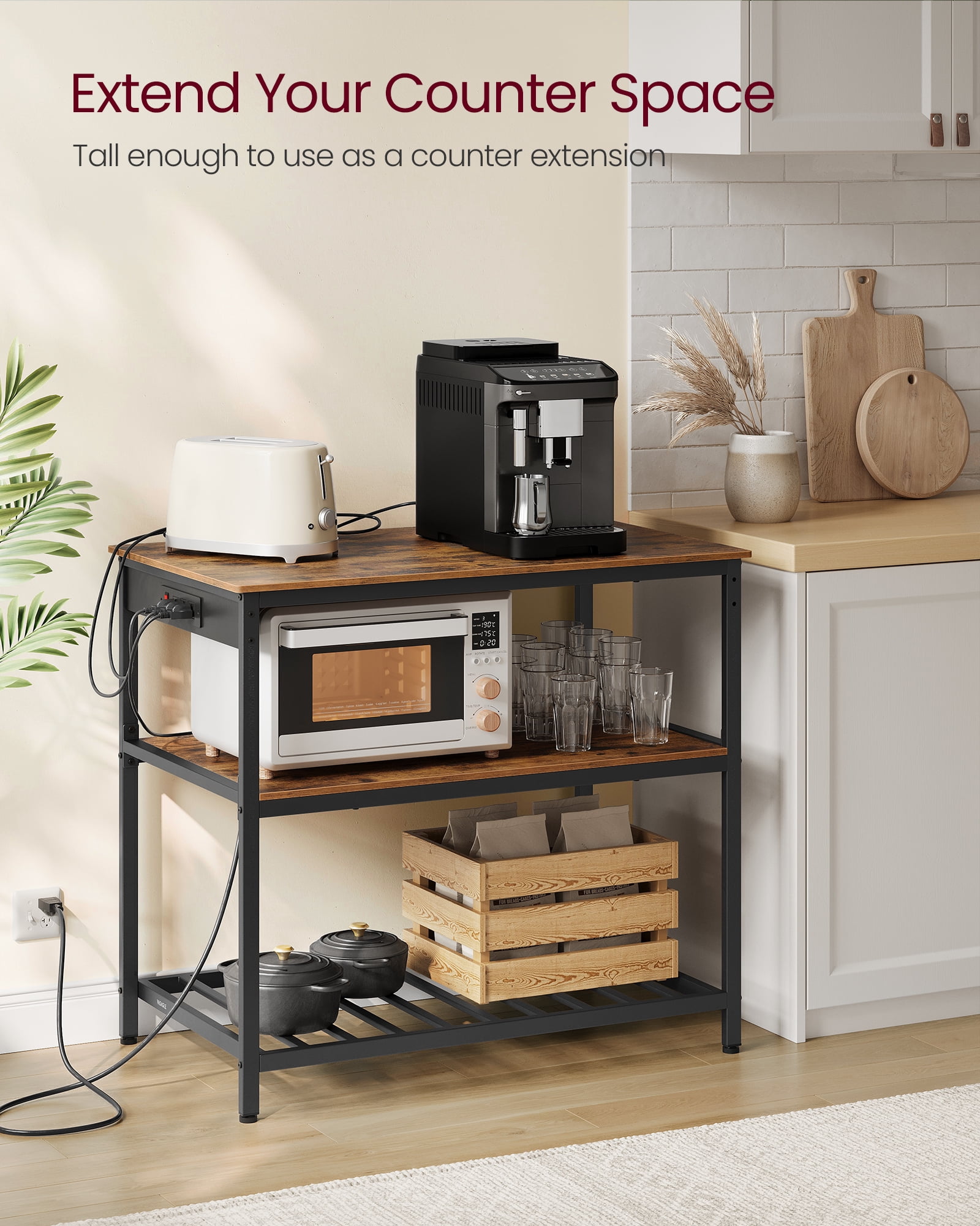 Kitchen Island with 3 Shelves, 39.4 Inches Width Kitchen Shelf with Power Strip, Large Worktop, Stable Steel Structure, Industrial, Easy to Assemble