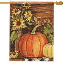 Fall Pumpkin Sunflowers Home Decorative House Flag, Autumn Garden Yard Outside Buffalo Plaid Check Decor Flag, Thanksgiving Farmhouse Decoration Seasonal Outdoor Large Flag Double Sided 28 x 40