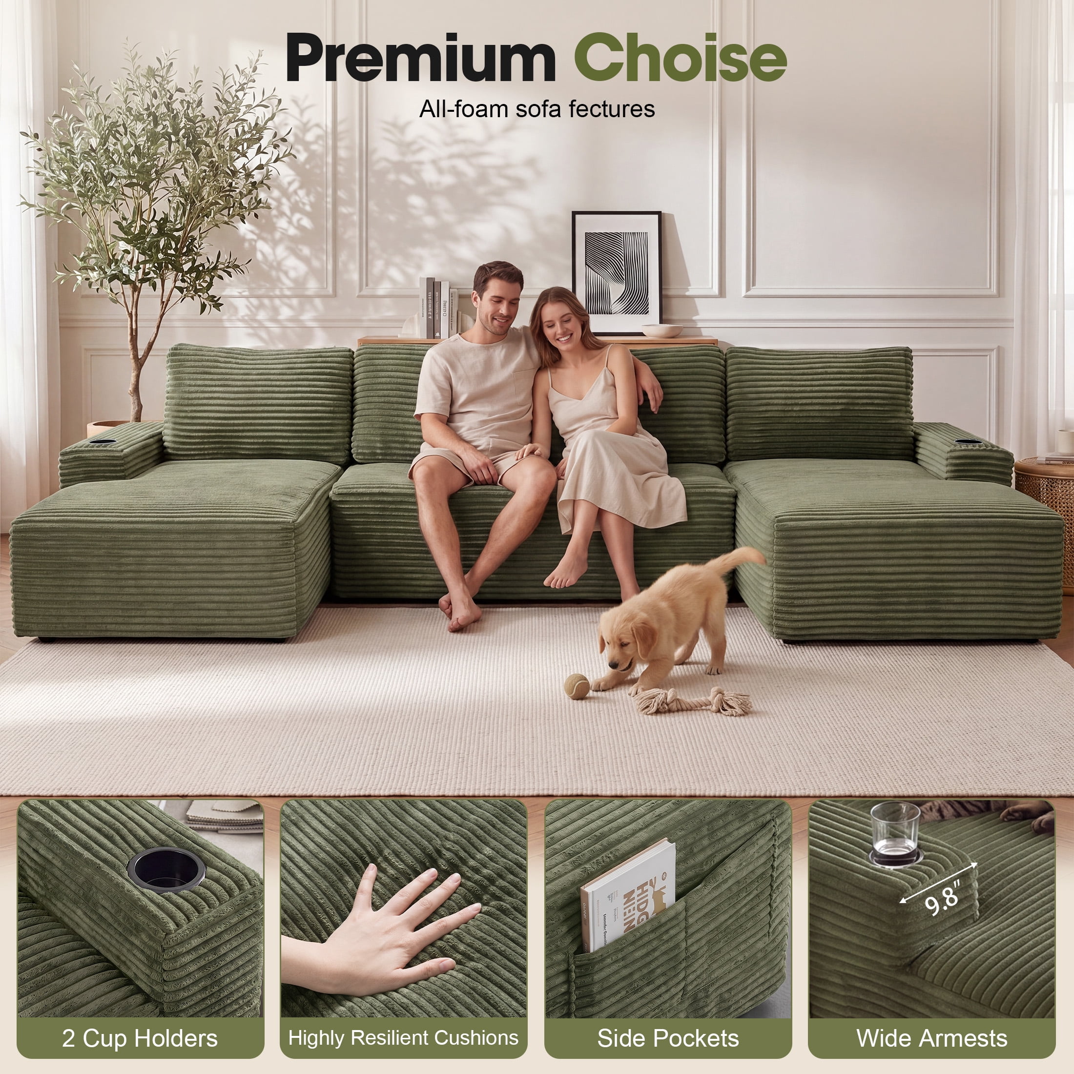 Aenkyo 133 in U-Shaped Cloud Corduroy Sectional Sofa with Cup Holders for Living Room, Green