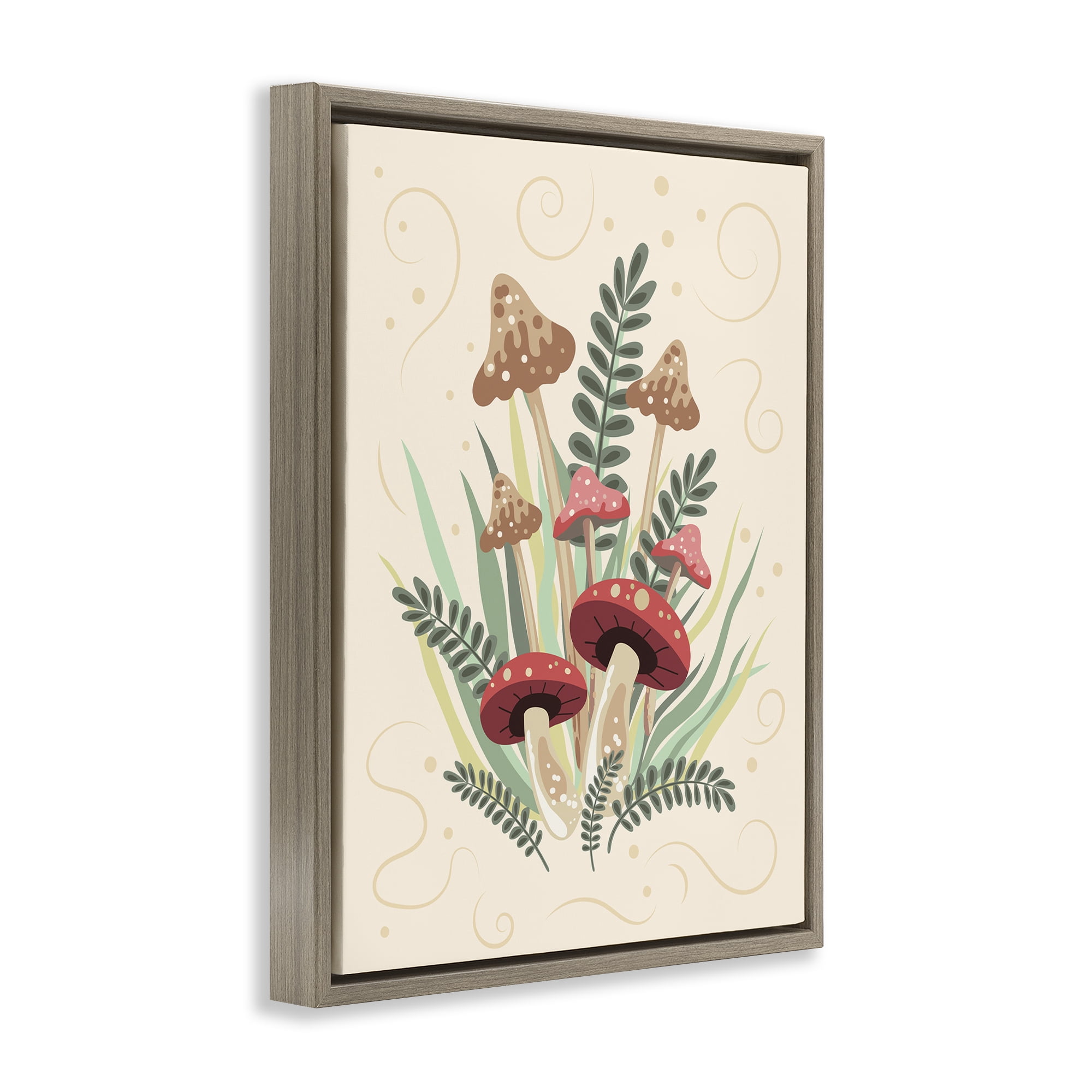 Stupell Industries Mushrooms & Swirl Pattern Botanical & Floral Painting Brown Floater Framed Art Print Wall Art, 17 x 21