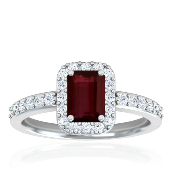 GemsNY July Birthstone - Classic Emerald Cut Prong Set Ruby Halo Ring with Prong Set Diamonds (Grade - AA | 1.08cttw)