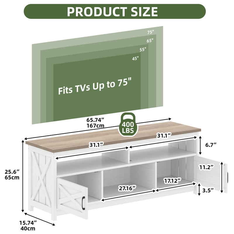 Uforic Farmhouse TV Stand up to 75 inch with Power Outlet & LED Light, Entertainment Center Media Console with Storage Shelves, Grey White