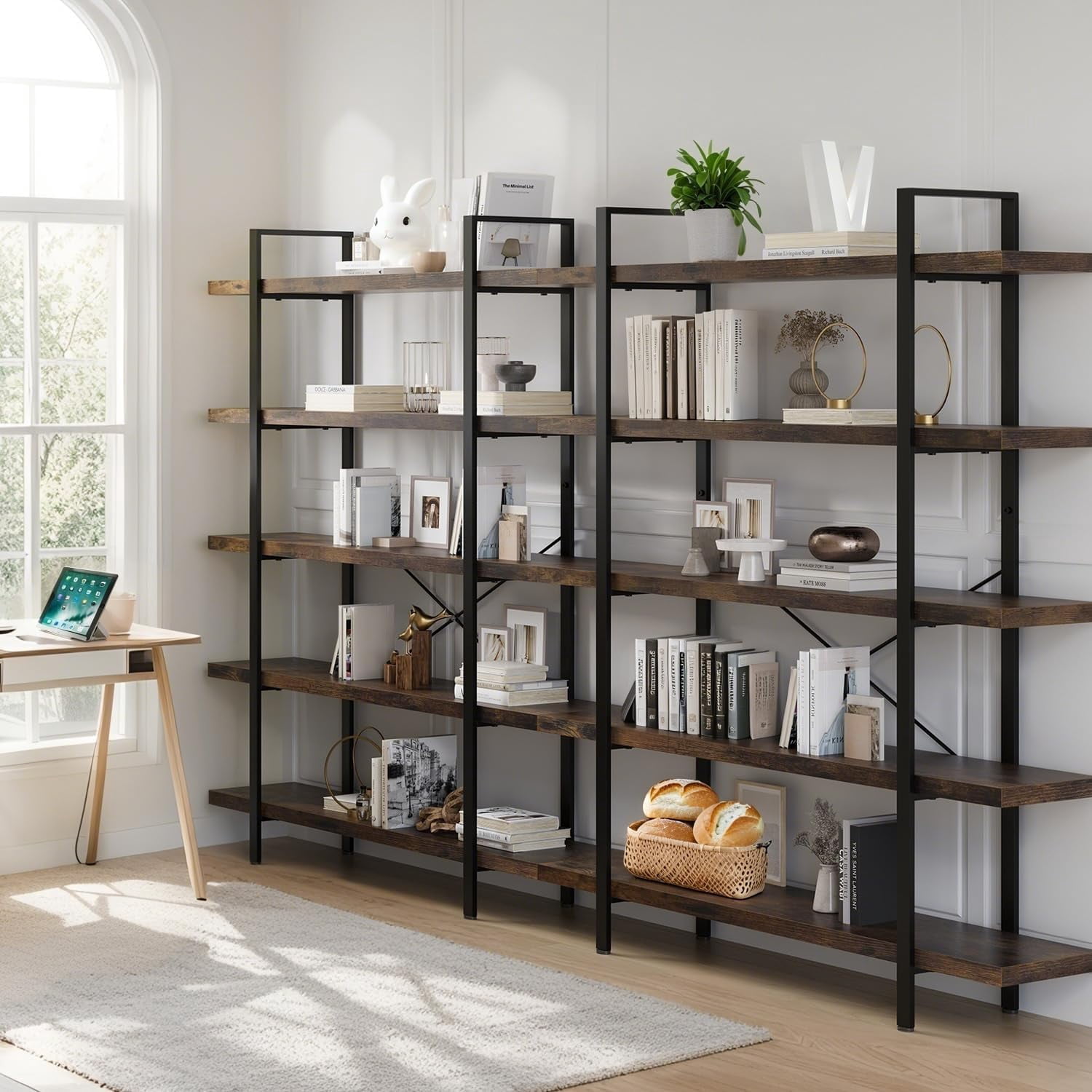 5-Tier Industrial Bookcase, 47 Inch Wide Wood Bookshelf, 120lbs Shelf Capacity, Rustic Open Shelving Heavy Duty Display with Reinforced Horizontal Brown Shelves for Living Room Bedroom Office