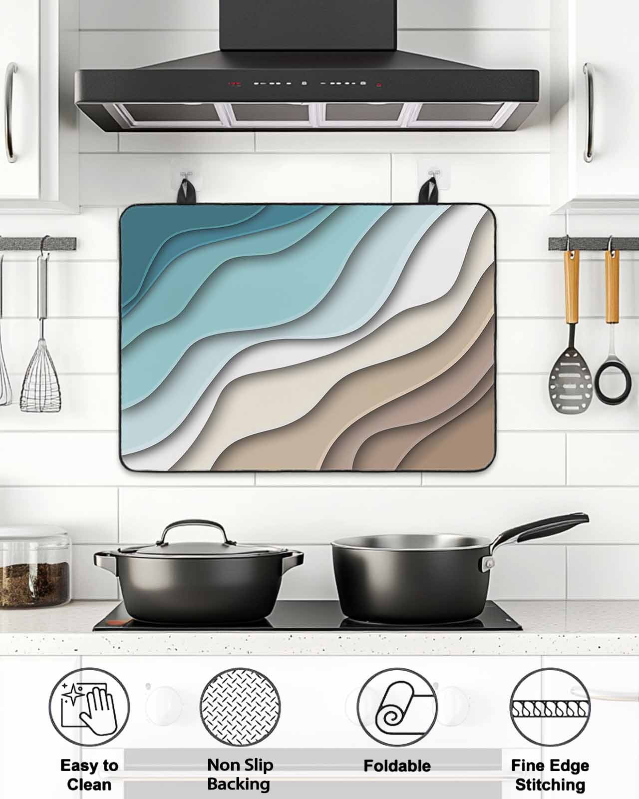 Stove Top Covers for Electric Stove, Teal Blue Ombre Cream Glass Stovetop Cover Protector, Modern Geometric Brown Aesthetic Induction Cooktop Protector Oven Mat for Kitchen Countertop 24"x21"