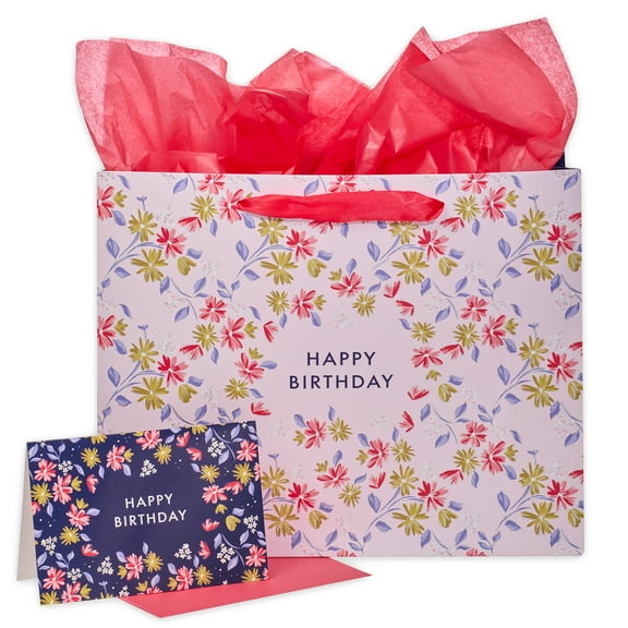 Pink & Purple Gift Bag with Card and Tissue Paper Set - Happy Birthday, Large